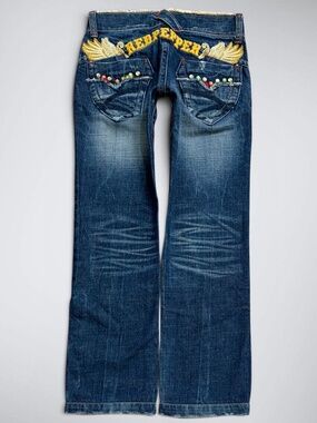 VTG Archival Red Pepper Ultra Low Rise Slim Boot Jeans | Embroidered Angel Wings
